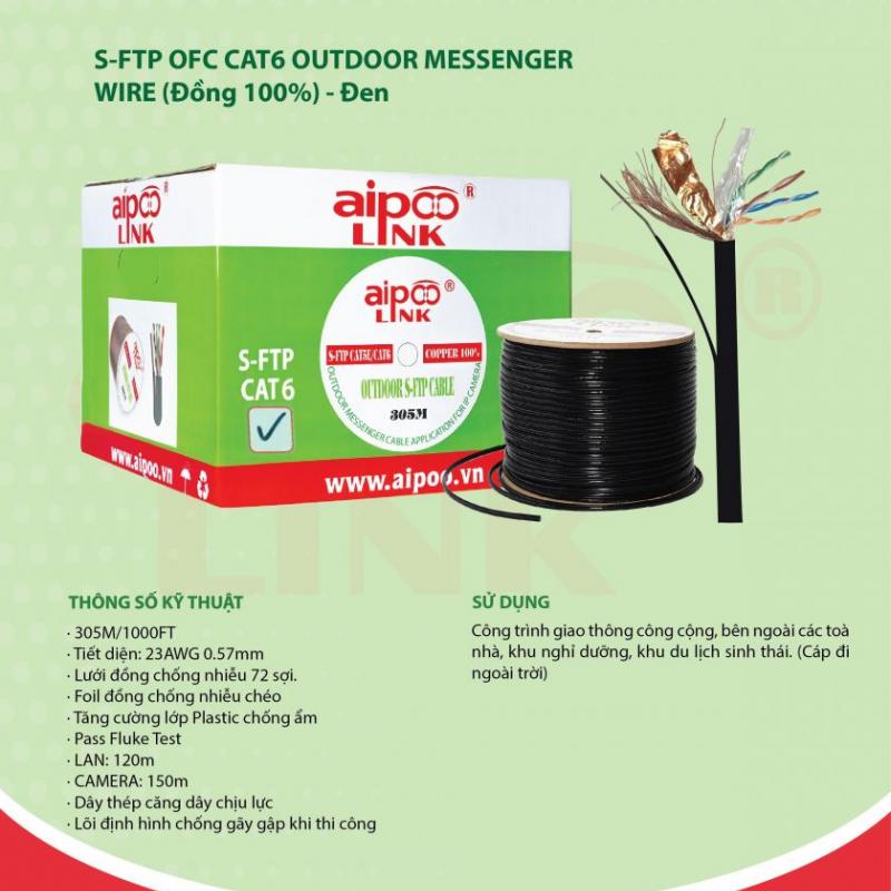 CÁP MẠNG Aipoolink S-FTP OFC CAT6 OUTDOOR MESSENGER WIRE - Cáp ngoài trời Đồng 100% - Đen