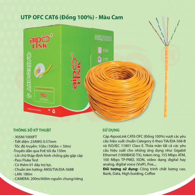 CÁP MẠNG Aipoolink UTP OFC CAT6 - 305M ĐỒNG 100% MÀU CAM