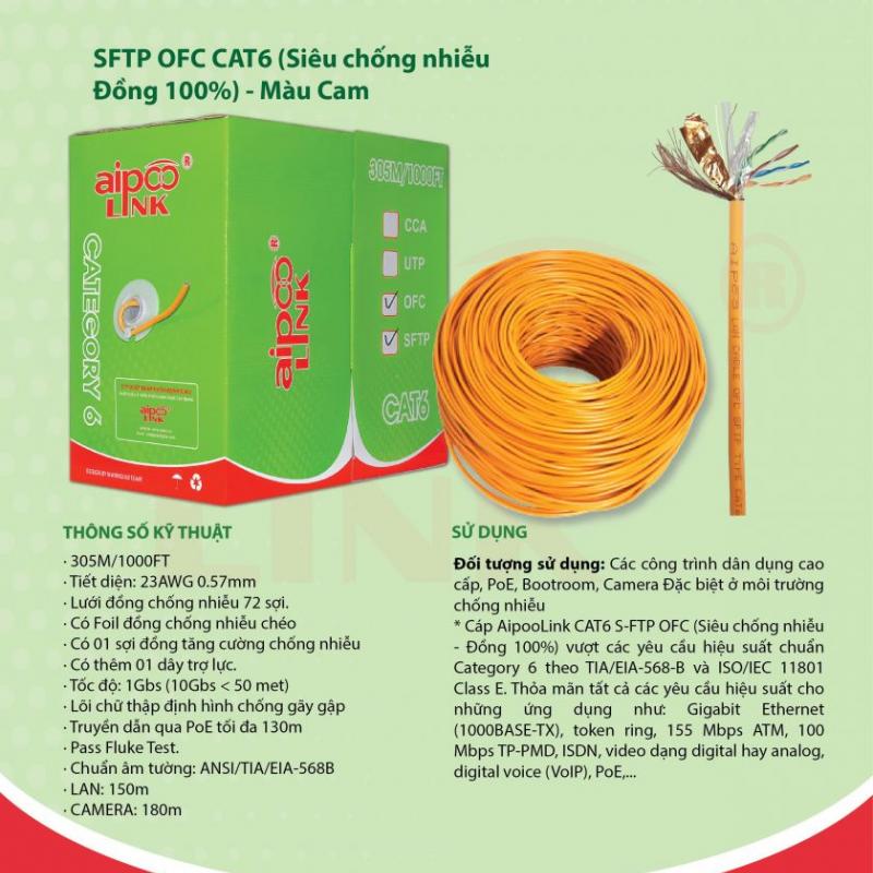CÁP MẠNG  Aipoolink  OFC SFTP CAT6E - 305M  (Siêu chống nhiễu Đồng 100%) - Cam