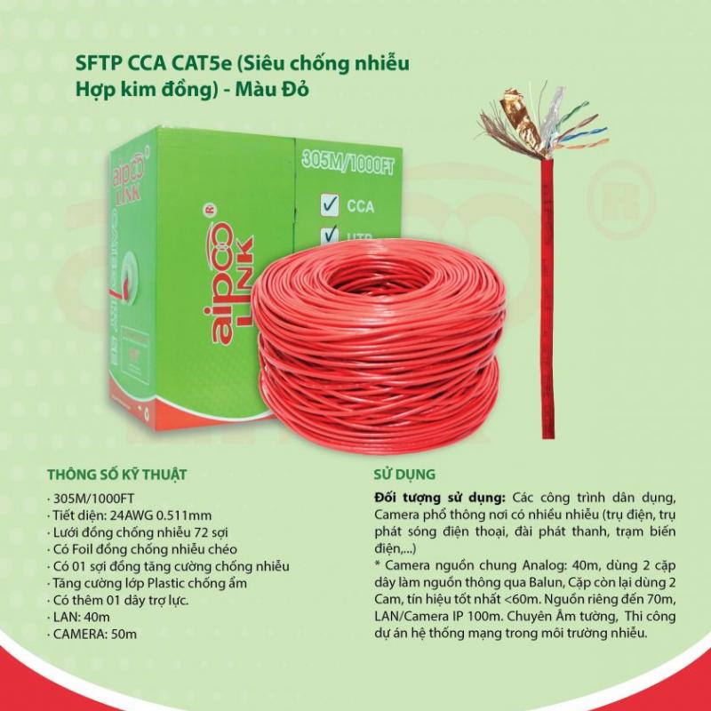 CÁP MẠNG  Aipoolink CAT5E SFTP CCA - 305M (Siêu chống nhiễu Hợp kim đồng nhôm) - Đỏ