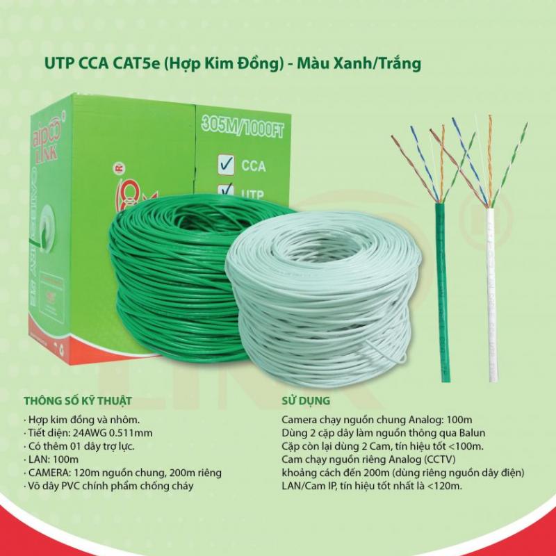 CÁP MẠNG  Aipoolink CCA CAT5E UTP - 305M  (Hợp kim đồng nhôm) -Xanh/Trắng