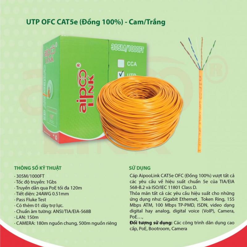 CÁP MẠNG  Aipoolink  CAT5E UTP OFC - 305M  (Đồng 100%) - Cam/Trắng