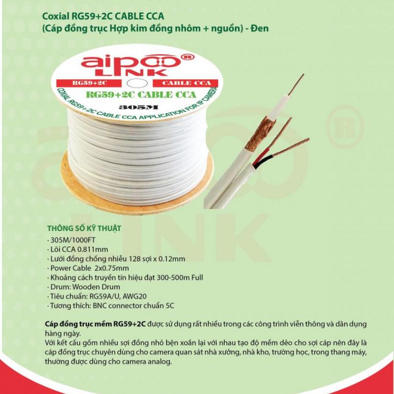 Cáp đồng trục kèm nguồn Camera RG59+2C CCA- trắng 305m