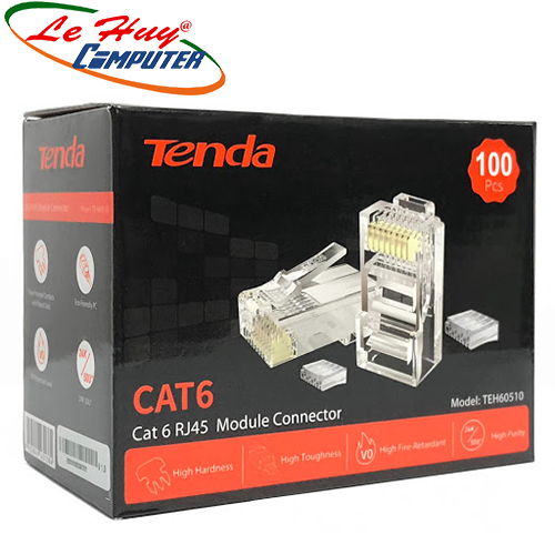 Đầu bấm dây mạng RJ45 Tenda Cat6e UTP TEH60510 mạ vàng 24K chống nhiễu chống cháy nổ (100c/hộp)