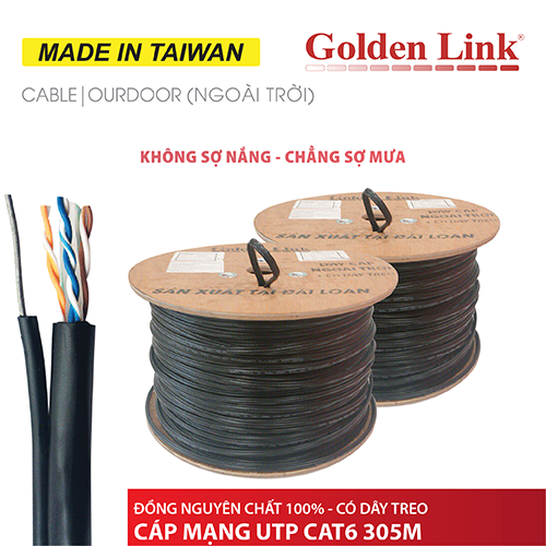 CÁP MẠNG GOLDEN LINK - 305m UTP CAT6 đồng nguyên chất có dây thép treo ngoài trời có dây treo