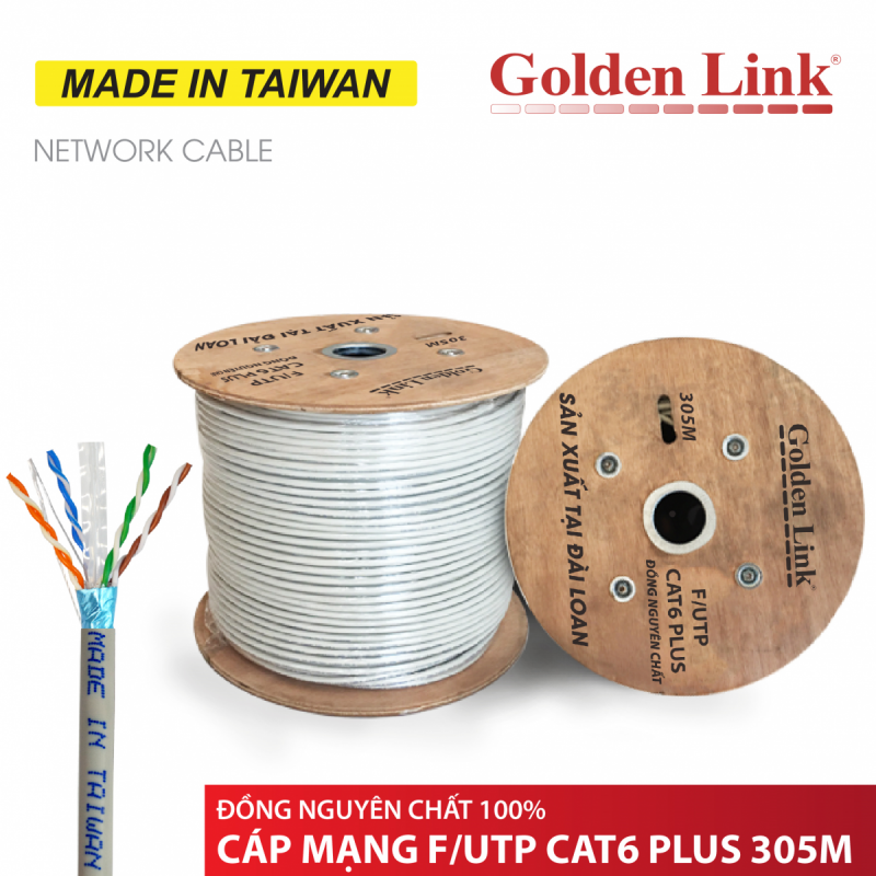 CÁP MẠNG GOLDEN LINK - 305m CAT6 F/UTP PLUS ĐỒNG NGUYÊN CHẤT(màu trắng xám, 305m) MADE IN TAIWAN