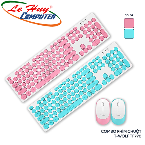 Combo Bàn phím chuột máy tính không dây T-Wolf TF770 (Xanh/Hồng)
