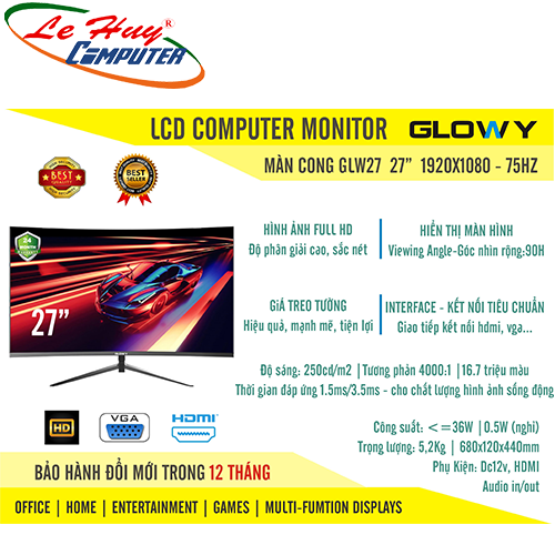 Màn hình máy tính Cong GLOWY GLW27 27inch FullHD 75Hz VGA-HDMI 