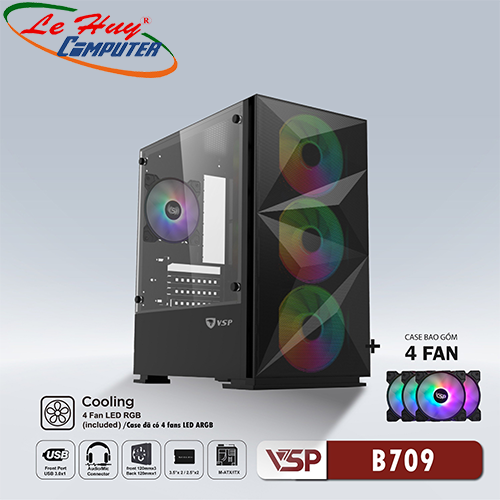 Vỏ máy tính VSP B709 Đen Kèm 3 Fan Led RGB