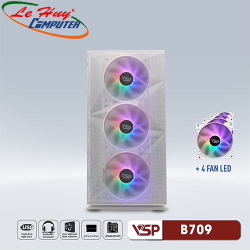 Vỏ máy tính VSP B709 Trắng Kèm 4 Fan Led RGB