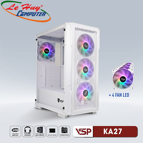 Vỏ máy tính VSP KA27 Trắng Kèm 4 Fan Led RGB