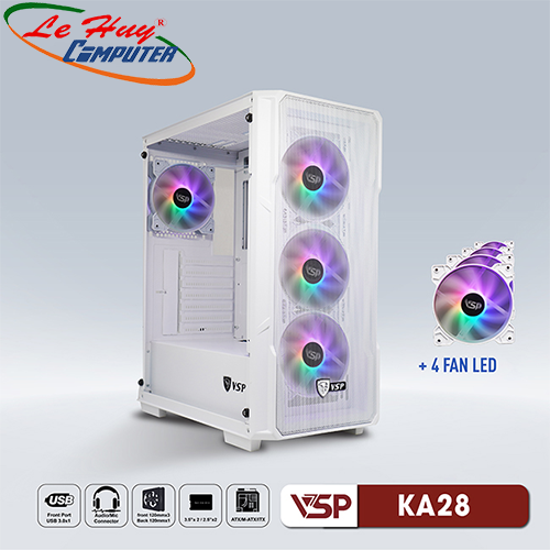Vỏ máy tính VSP KA28 Trắng Kèm 4 Fan Led RGB