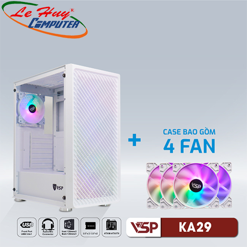 Vỏ máy tính VSP KA29 Trắng Kèm 4 Fan Led RGB
