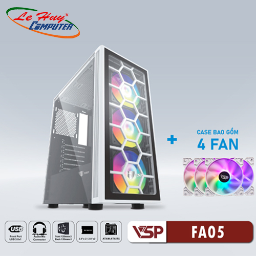 Vỏ máy tính VSP FA05 Trắng (kèm 4 fan LED)
