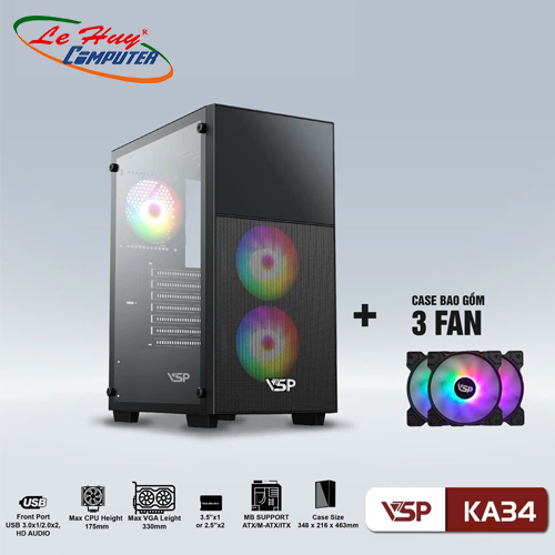 Vỏ máy tính VSP KA34 Đen (kèm 3 fan LED)