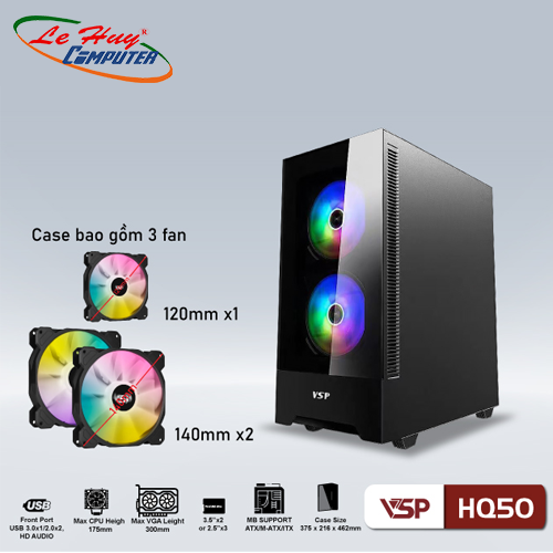 Vỏ máy tính VSP HQ50 Đen (Kèm 3Fan LED ARGB)