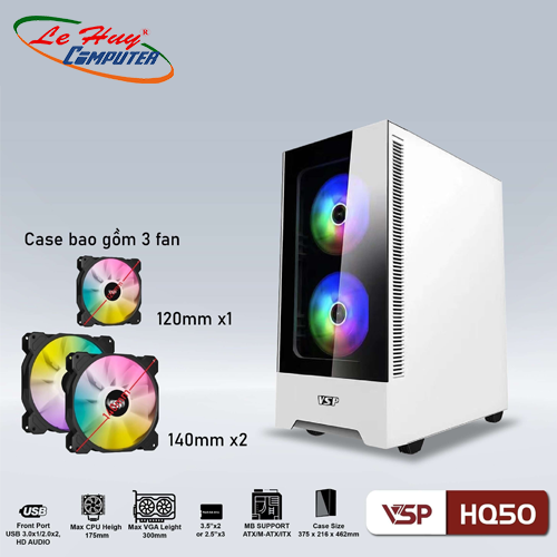 Vỏ máy tính VSP HQ50 Trắng (Kèm 3Fan LED ARGB)