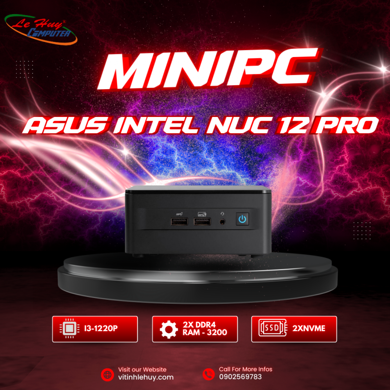 Bộ Mini PC ASUS Intel NUC12 PRO Tall NUC12WSHI3 ( i3-1220P/ 2xDDR4-3200 / 3xNVMe, SATA/ 2x HDMI 2.1/2x DP 1.4a ) 90AB2WSH-MR4100
