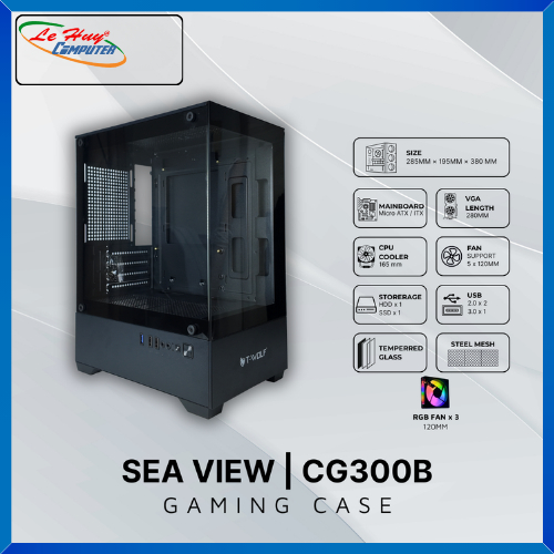 Vỏ máy tính T-WOLF TW-CG300B Gaming Gắn sẵn 3 fan Led xịn (Black/Tempered Glass/USB3.0*1+USB2.0*2+HD Audio/282x192x413mm)