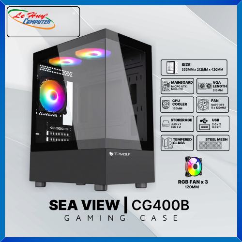 Vỏ máy tính T-WOLF SEA VIEW CG400B GAMING – ĐEN (Kèm Sẵn 3 Fan RGB)
