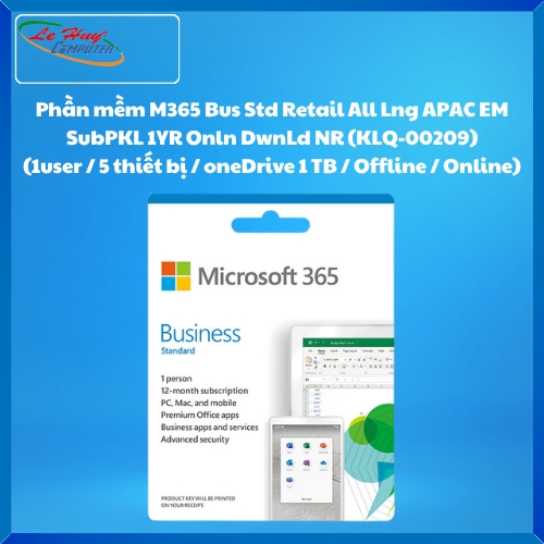 Phần mềm M365 Bus Std Retail All Lng APAC EM SubPKL 1YR Onln DwnLd NR (KLQ-00209) (1user / 5 thiết bị / oneDrive 1 TB / Offline / Online)