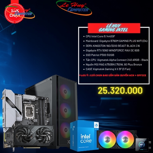 Bộ Máy Tính - PC Gaming INTEL LHGMINTEL01 (CPU Intel Core i5 14400F MB Mainboard B760M GAMING PLUS WIFI  / Ram 16GB/ SSD 512GB)
