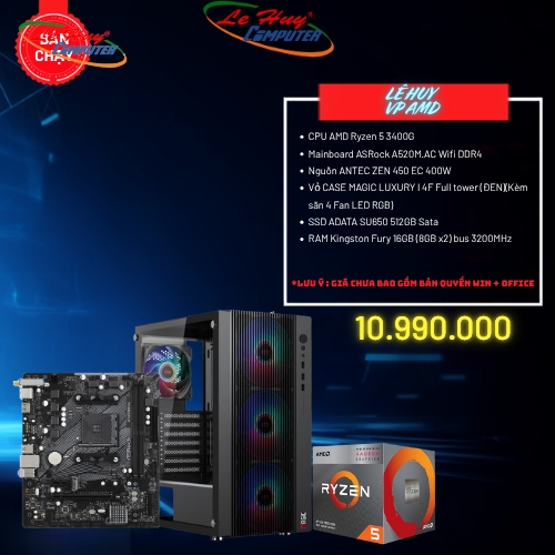 Bộ Máy Tính - PC Văn Phòng AMD LHVP06 (CPU AMD Ryzen 5 3400G / MB ASRock A520M.AC Wifi DDR4 / Ram 16GB/ SSD 256GB)