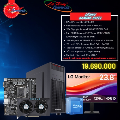 Bộ Máy Tính - PC Gaming INTEL LHGMINTEL06 (CPU Intel Core i5 12400F  / MB Gigabyte H610M H V3 DDR4 / Ram 16GB / SSD 500GB /Màn hình LG 24U411A-B  )